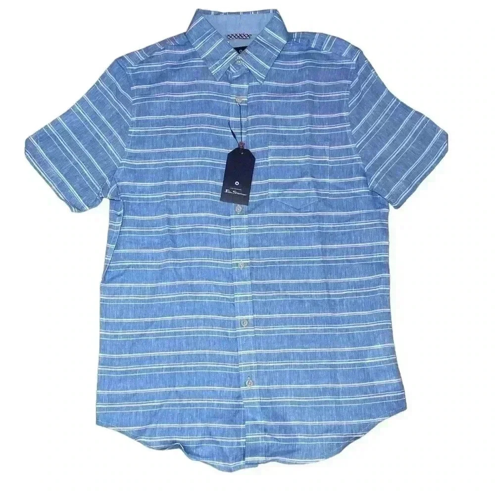 Ben Sherman blue and white linen blend short sleeve button down shirt sz S